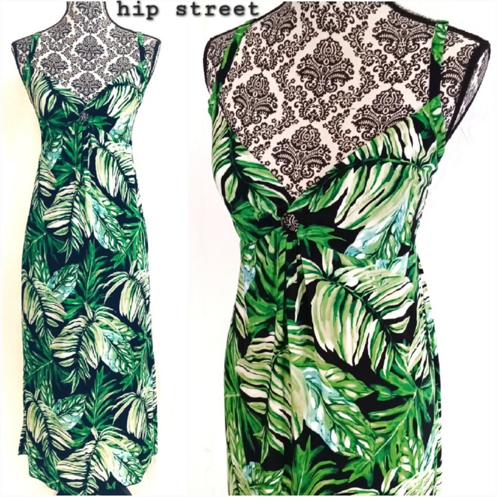 ISLAND PLANET Dress Tropical Leaf Print Spaghetti Strap Resort Maxi S